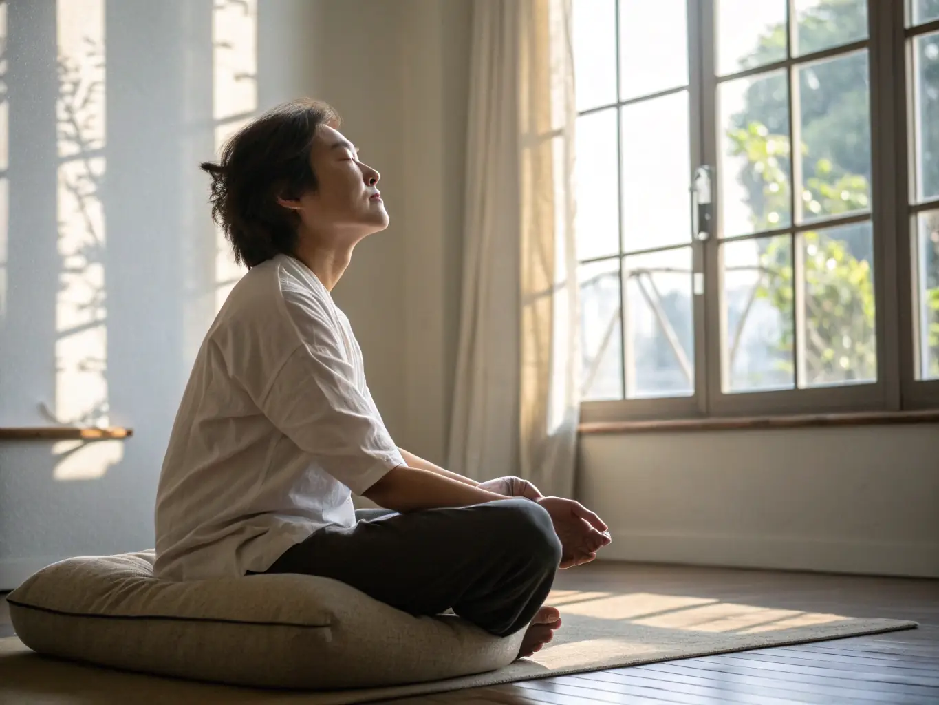 A person meditating in a serene office environment, representing mindset development and mental clarity, with subtle British cultural elements in the background.