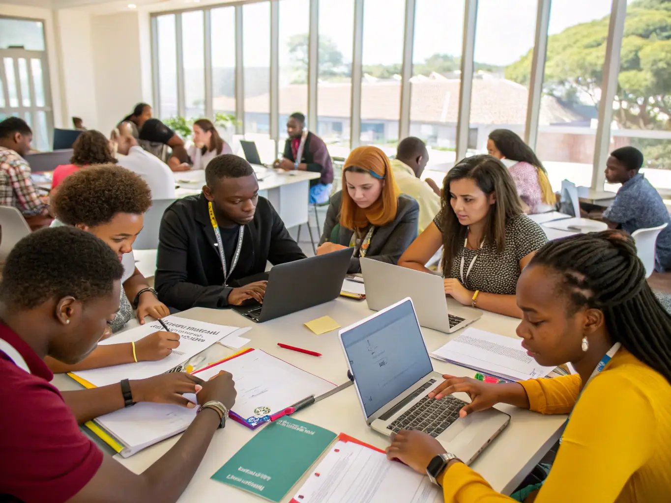 An image depicting a diverse group of professionals participating in a leadership workshop, emphasizing the collaborative and skill-building aspects of the Leadership Development Coaching.